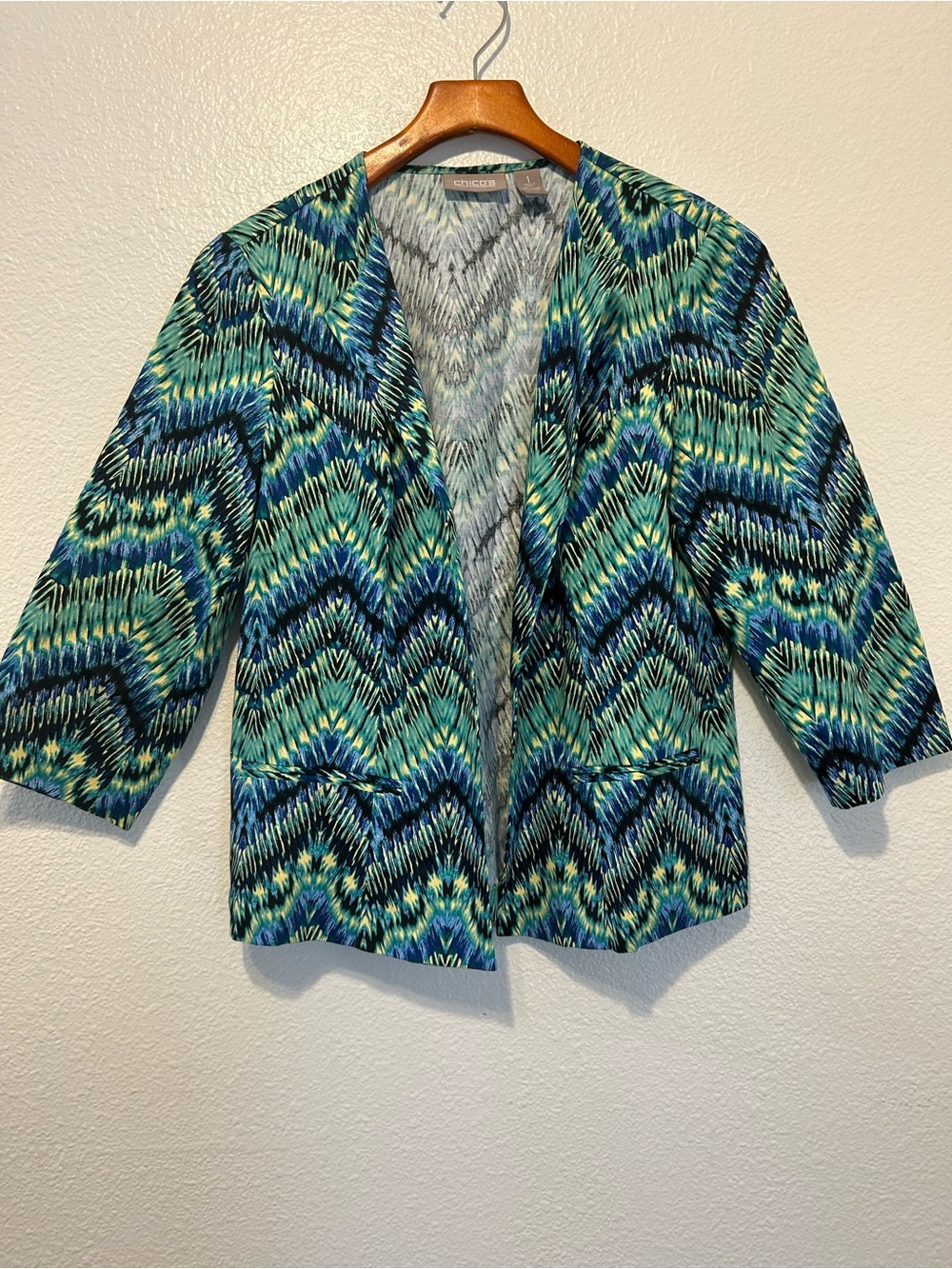 Chico's Teal & Navy Chevron Open-Front Blazer